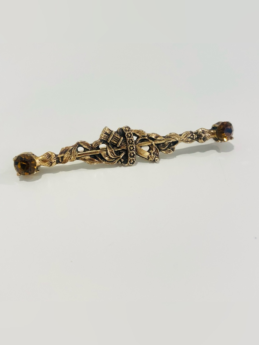 Antique Style Victorian Revival Buckle Bar Brooch Gold Tone Brown Rhinestone